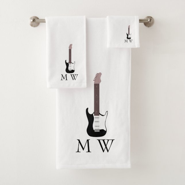 Conjunto De Toalhas Black Electric Guitar Design Monogrammed (Insitu)