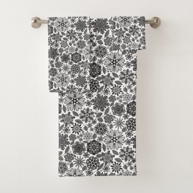 Conjunto De Toalhas Black Gray White Retro Floral Art Seamless Pattern (Insitu)