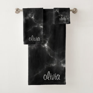 Conjunto De Toalhas Black Marble Modern Script Girly Monographic Name