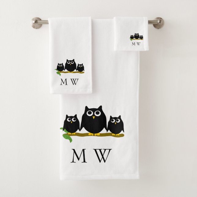 Conjunto De Toalhas Black Owls Design Monogrammed (Insitu)