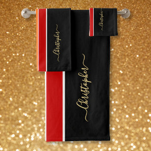 Conjunto De Toalhas Black Red Orange Racing Stripes Faux Dourado Monog