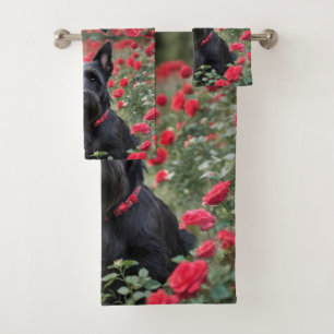 Conjunto De Toalhas Black Scottish Terrier Nas Rosas vermelhas,