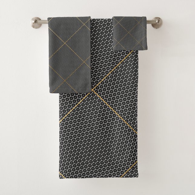 CONJUNTO DE TOALHAS BLACK SILVER ABSTRACT CIRCLES GRID BATH TOWEL SET (Insitu)