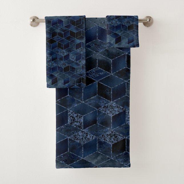 CONJUNTO DE TOALHAS BLOQUEIO GEOMÉTRICO AZUL DESIGN BANTHROOM (Insitu)