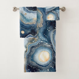 Conjunto De Toalhas Blue Beige Geode Abstract with Gold Swirls