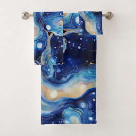 Conjunto De Toalhas Blue Gold Cosmic Abstract with Swirling Nebula