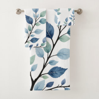 Conjunto De Toalhas Blue Green Watercolor Leaves Botanical Design 376