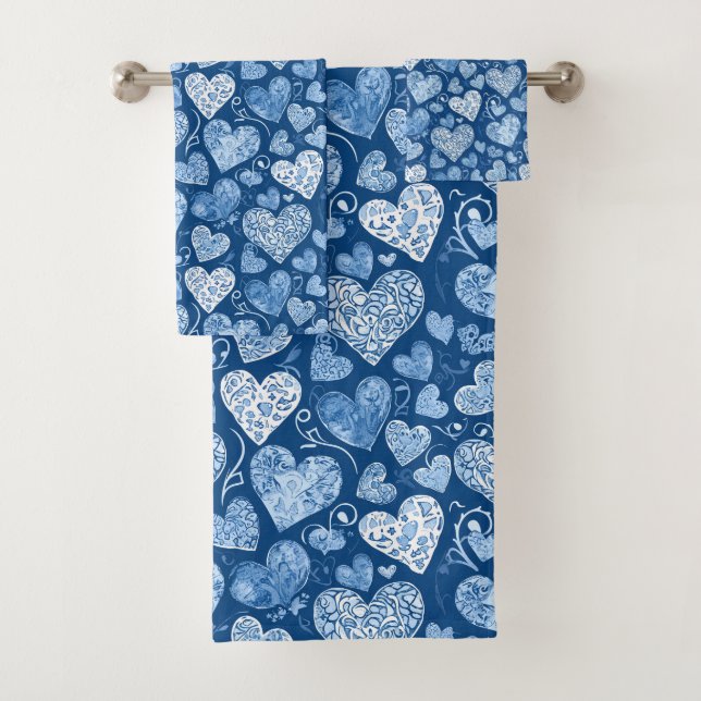 Conjunto De Toalhas Blue Hearts Watercolor Hand Drawn  (Insitu)
