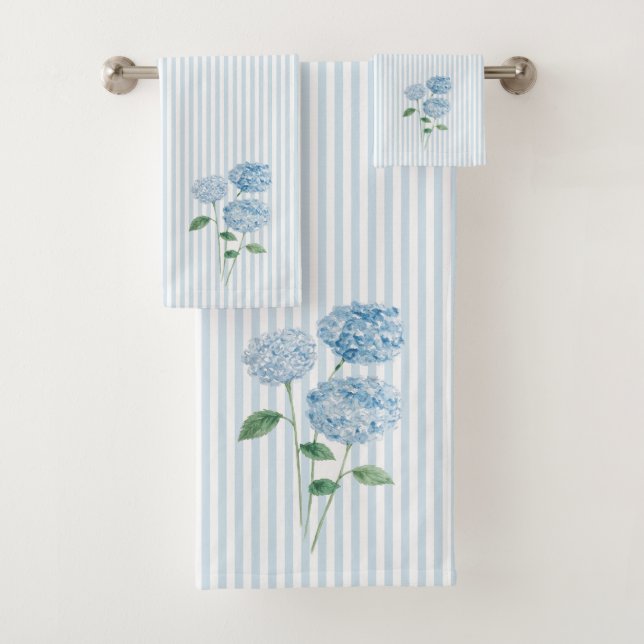 Conjunto De Toalhas Blue Hydrangea Flower Painting Blue Stripe (Insitu)