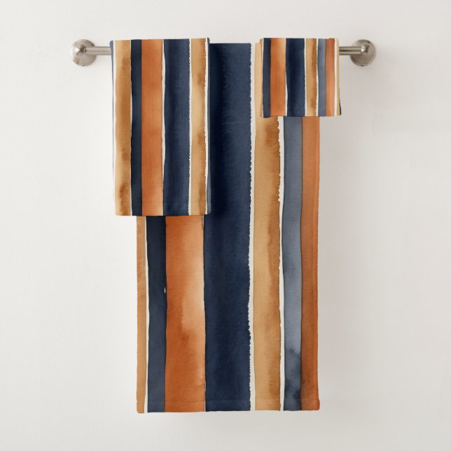 Conjunto De Toalhas Blue rust and beige watercolor stripes (Insitu)
