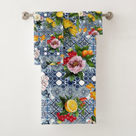 Conjunto De Toalhas Blue tiles Mediterranean Floral 