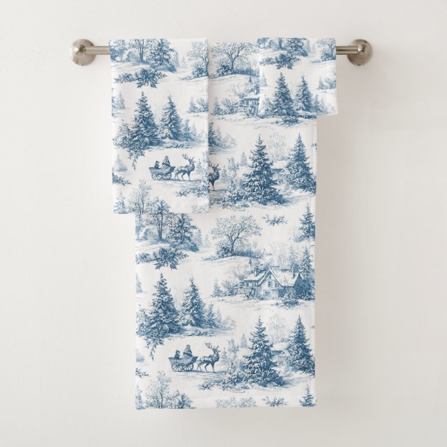 Conjunto De Toalhas Blue Toile Christmas Pattern  (Insitu)