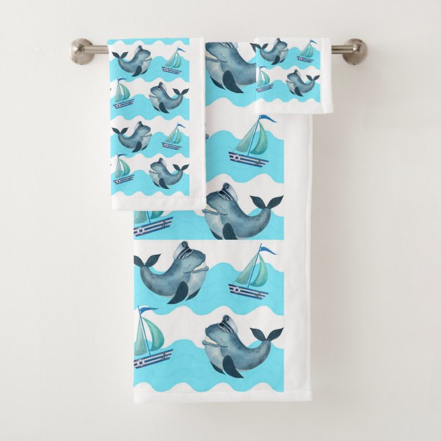 Conjunto De Toalhas Blue Whales and Sailboats  (Insitu)