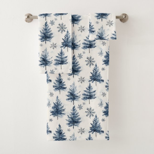 Conjunto De Toalhas Blue White Christmas Trees Snowflakes (Insitu)