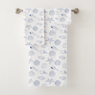 Conjunto De Toalhas Blue White Mand Drawn Sea Shels Beach Summer