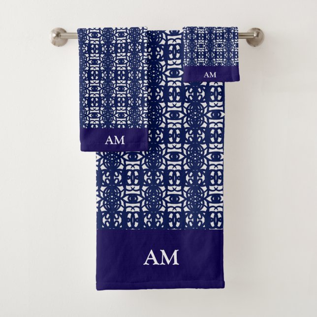 Conjunto De Toalhas Blue & White Modern Abstract Pattern and Monogram (Insitu)