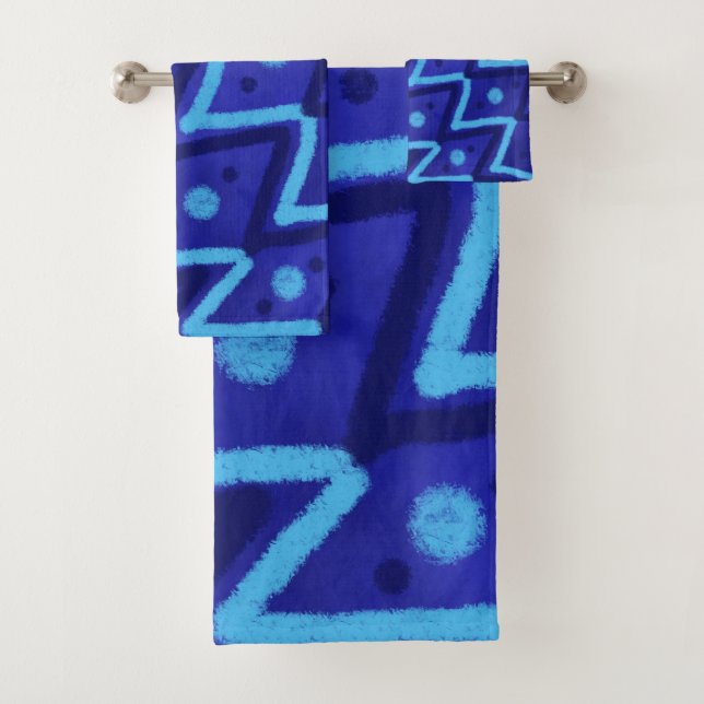 Conjunto De Toalhas Blue Zig Zags Dots Funky Pattern  (Insitu)
