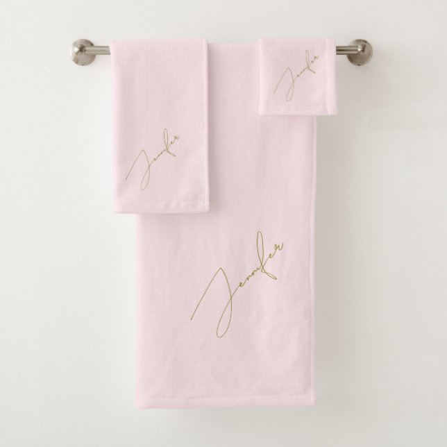 Conjunto De Toalhas Blush Dourado Moderno Chic Nome Script (Insitu)