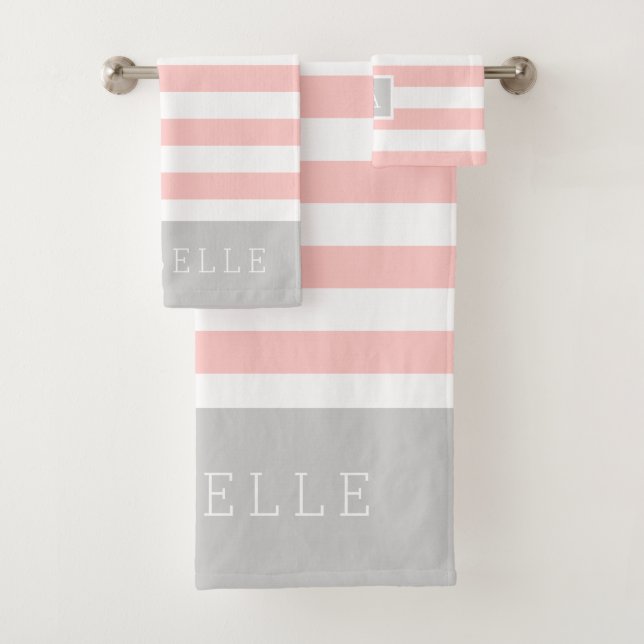Conjunto De Toalhas Blush e Cinza Stripes Monograma | Cores editáveis (Insitu)