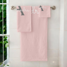 Conjunto De Toalhas Blush Rosa Cinza Moderno Nome Monograma Feminino