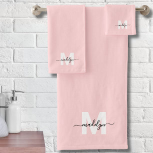 Conjunto De Toalhas Blush Rosa Elegante Script Minimo Monograma de Nom