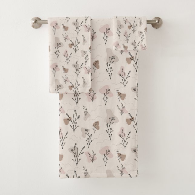 Conjunto De Toalhas Boho Bege Creme Marrom Rosa Folhas Formas Abstrata (Insitu)