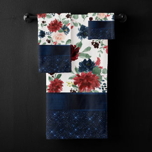 Conjunto De Toalhas Boho Blooms   Marinho Russo e Shimmer Borgonha