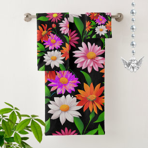 Conjunto De Toalhas Boho Chic Flores Multicolor com Folhas em Preto