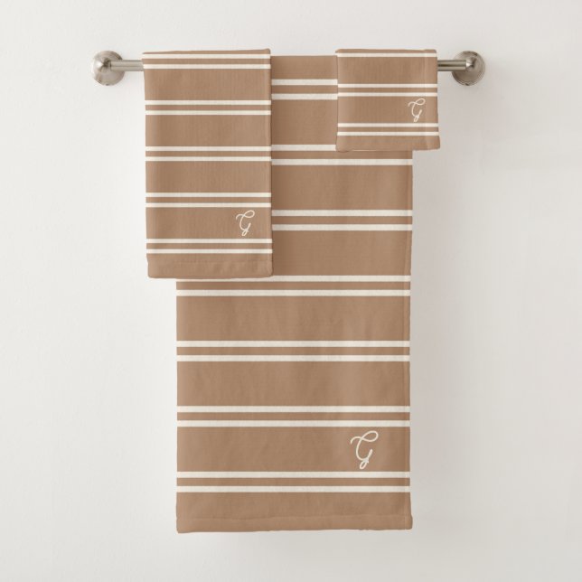 Conjunto De Toalhas Boho Moderno Monograma Nome Listrado Bege Marrom (Insitu)