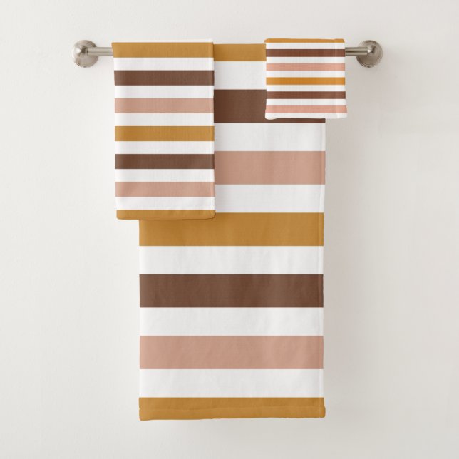 Conjunto De Toalhas Boho Mostard Brown Pink Strips Retro Moderno (Insitu)