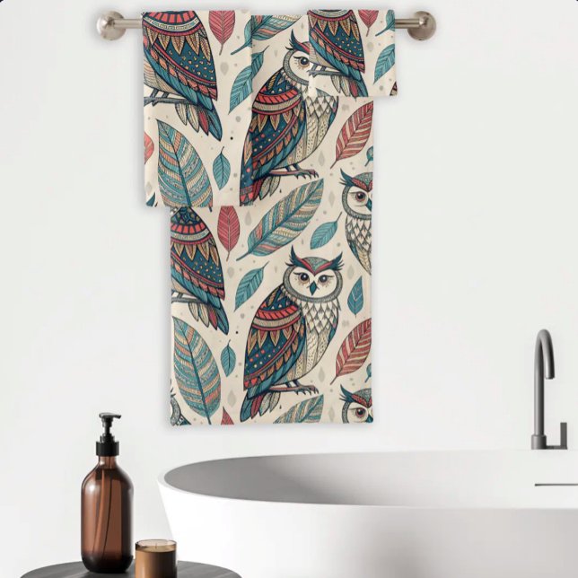 Conjunto de Toalhas Boho Owl com Folhas em Azul Tu (Criador carregado)