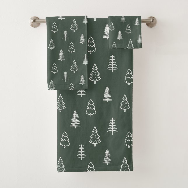 Conjunto De Toalhas Boho Pine Trees Modern Winter Forest Dark Green (Insitu)