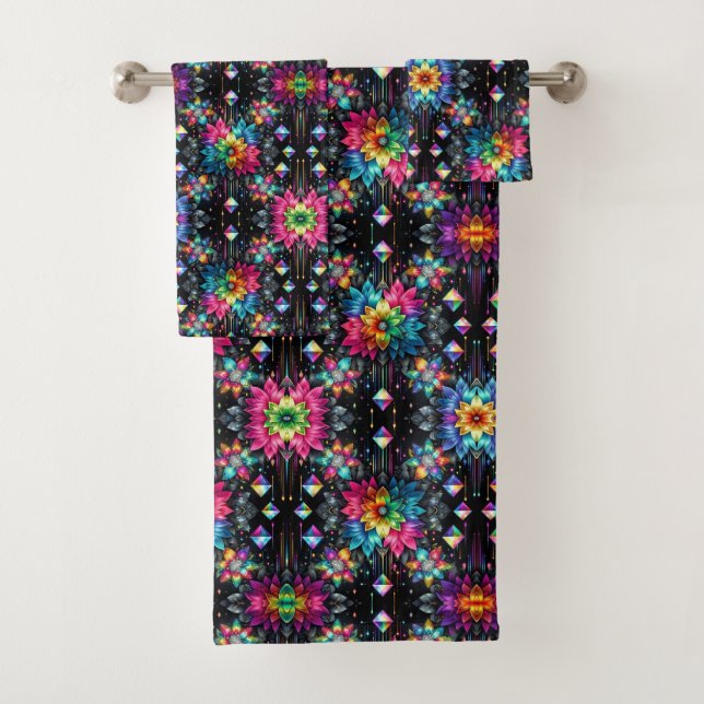 Conjunto De Toalhas Boho Preto Floral Arco-Íris (Insitu)