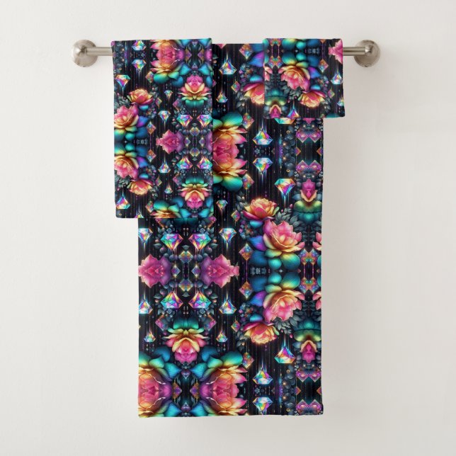 Conjunto De Toalhas Boho Preto Floral Arco-Íris (Insitu)