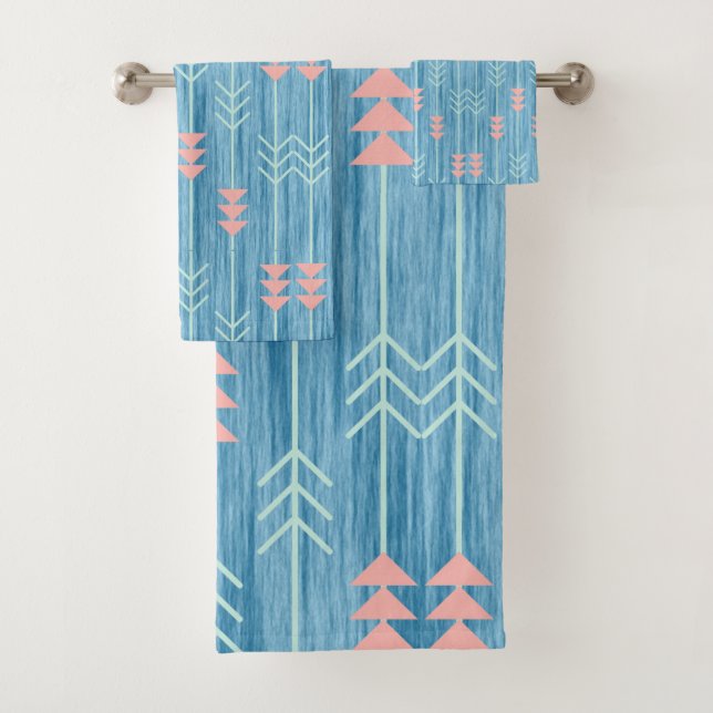 Conjunto De Toalhas Boho Rosa Branco e Azul Seta (Insitu)