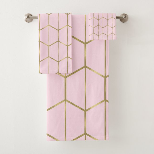 Conjunto De Toalhas Boho Rosa Hexágono Dourado e Glam Geométrico (Insitu)