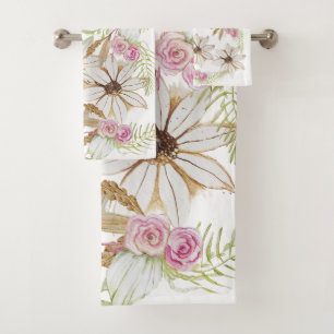 Conjunto De Toalhas Boho Rosa Verde Branco Marrom Floral Elegante Na M