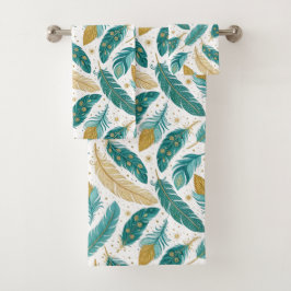 Conjunto De Toalhas Boho Teal e Douradas Penas