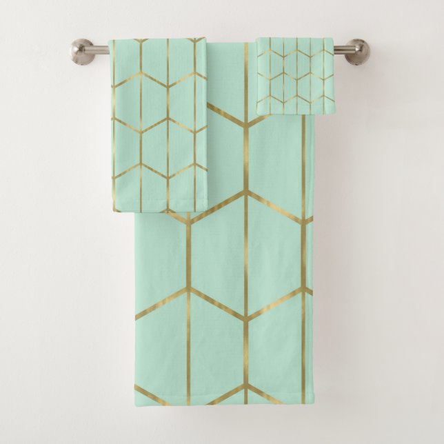 Conjunto De Toalhas Boho Verde Menta Hexágono Dourado & Glam Geométric (Insitu)