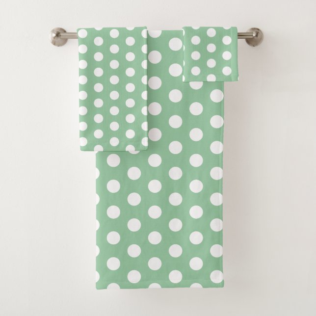 Conjunto De Toalhas Bold White Polka Dots on Sage Green  (Insitu)