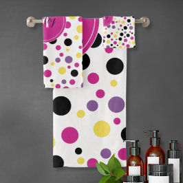 Conjunto De Toalhas Bolinhas de Monograma Amarelo-Rosa-Quente