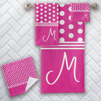 Conjunto De Toalhas Bolinhas de Monograma Rosa Quente
