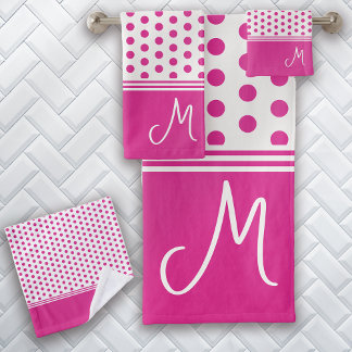 Conjunto De Toalhas Bolinhas de Monograma Rosa Quente
