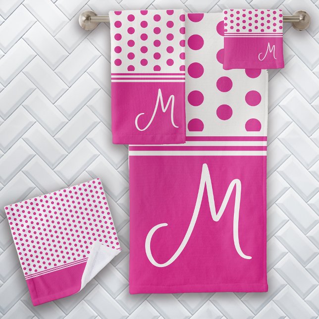 Conjunto De Toalhas Bolinhas de Monograma Rosa Quente (Criador carregado)