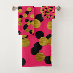 Conjunto De Toalhas Bolinhas Douradas e pretas a rosa quente
