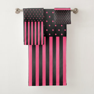 Conjunto De Toalhas Bolinhas e faixas de cor rosa e preta
