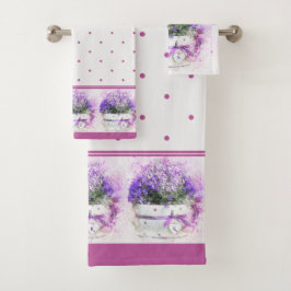 Conjunto De Toalhas Bolinhas Floral de Lavanda Rosa Monogramada