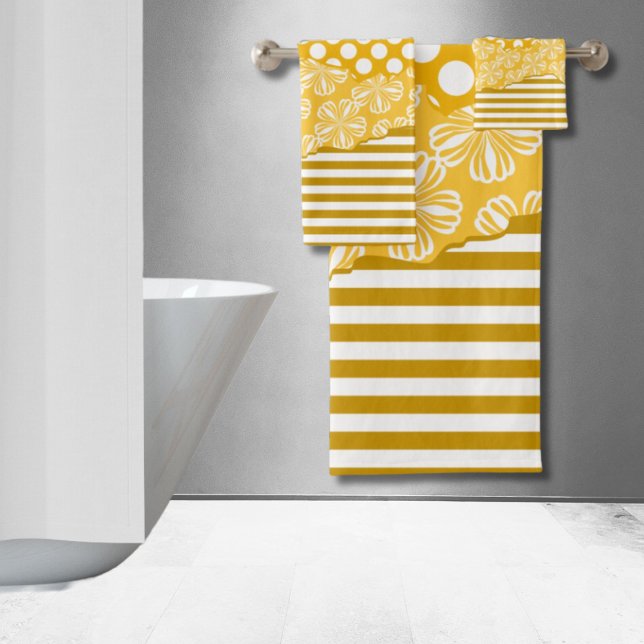 Conjunto De Toalhas Bolinhas Floral em camadas de riscas alegres Amare (Joyful Stripes Floral Polka Dot Layered Yellow Bath Towel Set)