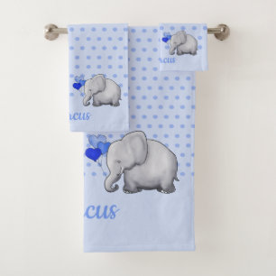 Conjunto De Toalhas Bolinhas Nome do Bebê Azul Elefante Chá