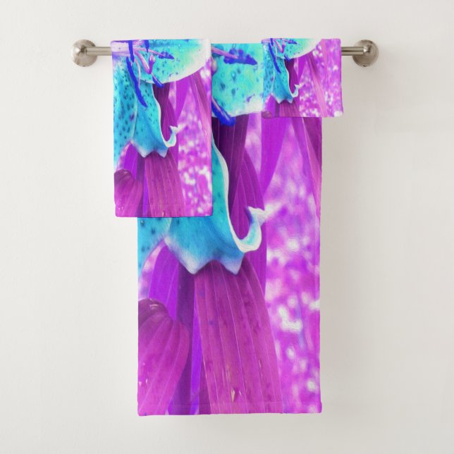 Conjunto De Toalhas Bonito Aqua Blue Stargazer Lily em Roxo (Insitu)